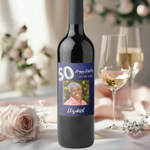 50th Birthday navy blue photo Wine Label
