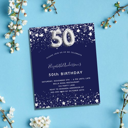 50th birthday navy blue silver budget invitation flyer