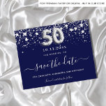 50th birthday navy blue silver budget save date flyer<br><div class="desc">Please note that this Save the date is on flyer paper and very thin. Envelopes are not included. For thicker Save the Date card (same design) please visit our store. A girly and trendy Save the Date card for a 50th birthday party. A navy blue colored background. Decorated with faux...</div>