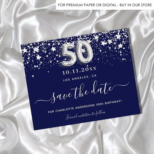 50th birthday navy blue silver budget save date flyer
