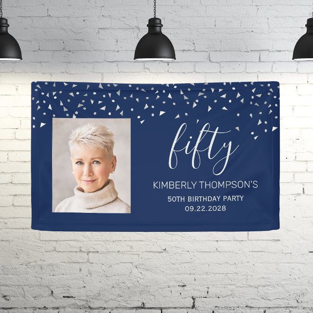 50th Birthday Navy Blue Silver Confetti Photo Banner (Creator Uploaded)