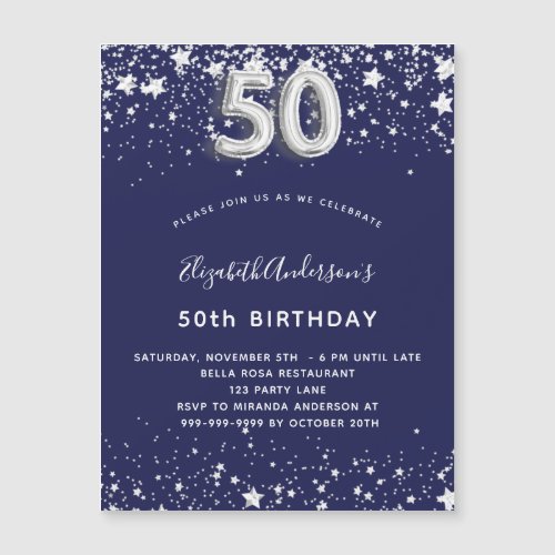 50th birthday navy blue silver invitation magnet