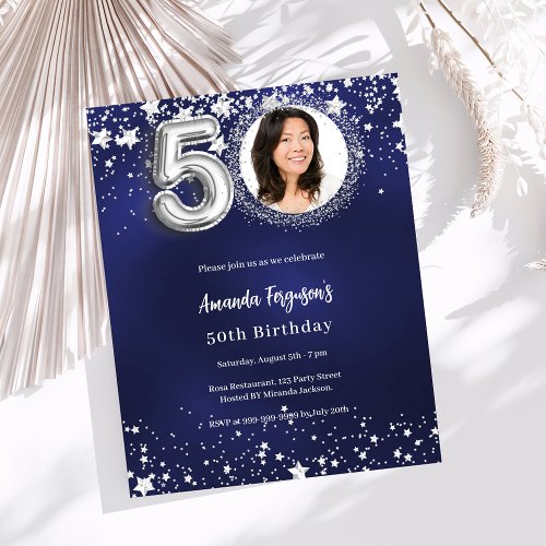 50th birthday navy blue silver photo invitation