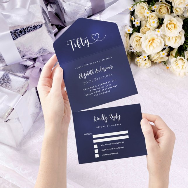 50th Birthday navy blue silver rsvp All In One Invitation (Creator Uploaded)
