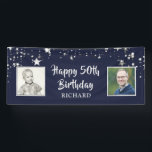 50th Birthday Navy Blue Silver Stars 2 Photos Banner<br><div class="desc">Celebrate any age birthday with this personalized photo banner sign featuring silver stars against an editable navy blue background, two square photos and your custom text in modern hand lettered brush script typography (the sample shows HAPPY 50th BIRTHDAY Name). PHOTO TIP: Choose a photo with the subject in the middle...</div>