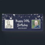 50th Birthday Navy Blue Silver Stars 2 Photos Banner<br><div class="desc">Celebrate any age birthday with this personalized photo banner sign featuring silver stars against an editable navy blue background, two square photos and your custom text in modern hand lettered brush script typography (the sample shows HAPPY 50th BIRTHDAY Name). PHOTO TIP: Choose a photo with the subject in the middle...</div>
