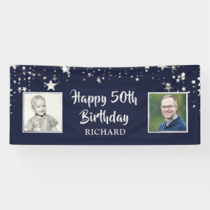 50th Birthday Navy Blue Silver Stars 2 Photos Banner