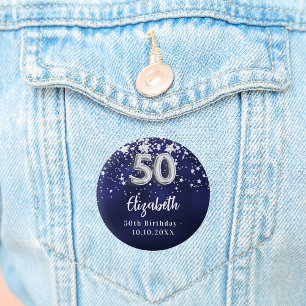50th birthday navy blue silver stars button
