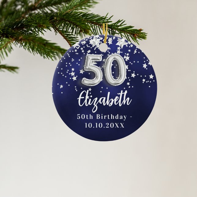 50th birthday navy blue silver stars ceramic ornament (Creator Uploaded)