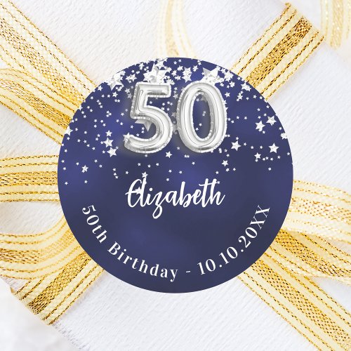 50th birthday navy blue silver stars classic round sticker