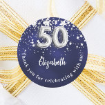 50th birthday navy blue silver stars classic round sticker<br><div class="desc">A sticker for a 50th birthday celebration. A navy blue background color with faux silver stars. The blue color is uneven.  Add your name,  text. Text: Thank you for celebrating with me!</div>