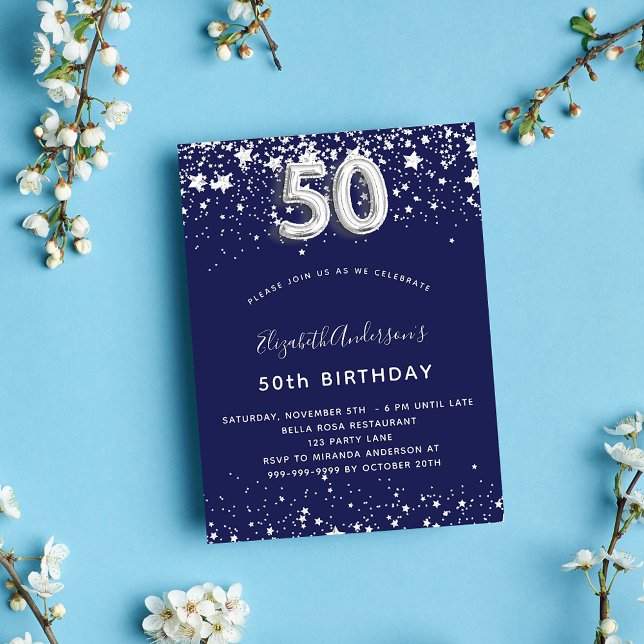 50th birthday navy blue silver stars glamorous invitation (Creator Uploaded)