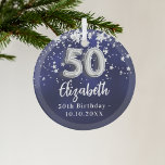 50th birthday navy blue silver stars glass ornament<br><div class="desc">A navy blue background color with faux silver stars. The blue color is uneven.  Add your name,  text/date</div>