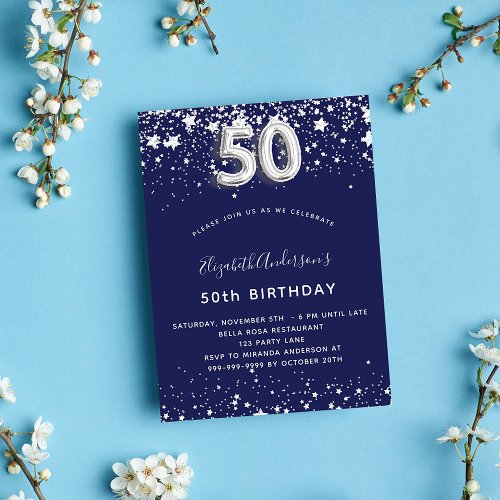 50th birthday navy blue silver stars luxury invitation