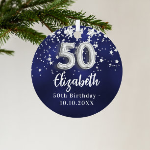 50th birthday navy blue silver stars metal ornament