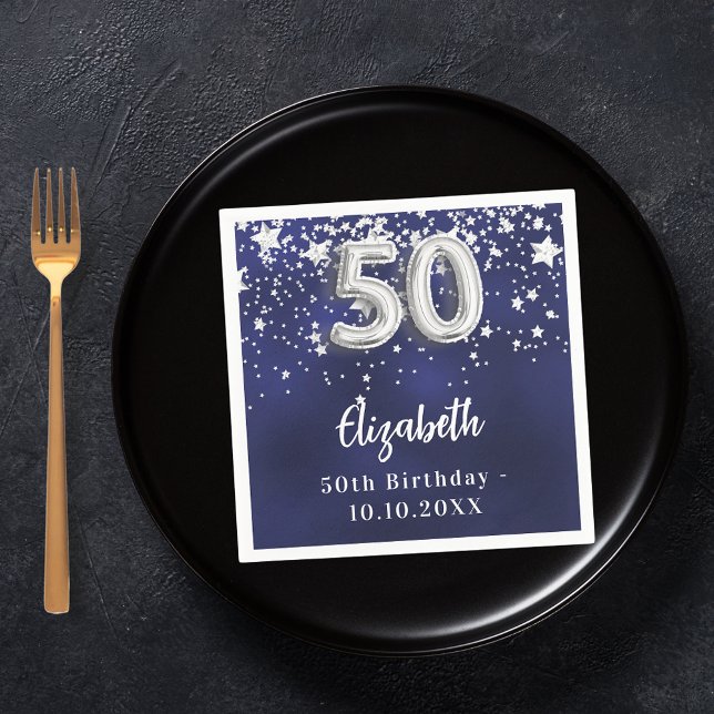 50th birthday navy blue silver stars napkins (Creator Uploaded)