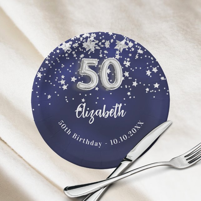 50th Birthday navy blue silver stars Paper Plates (Creator Uploaded)