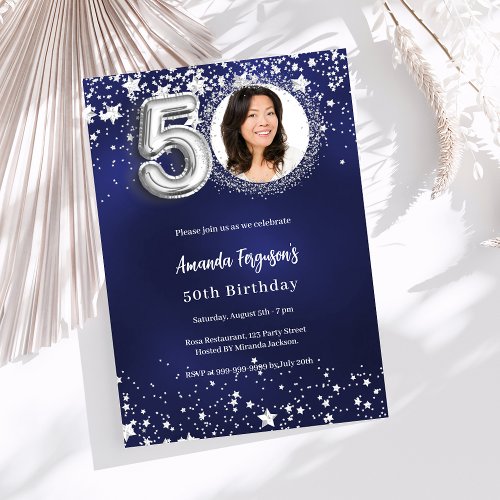 50th birthday navy blue silver stars photo luxury invitation