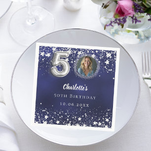 50th birthday navy blue silver stars photo napkins