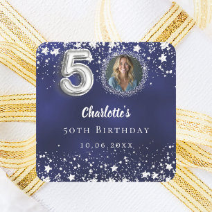 50th birthday navy blue silver stars photo square sticker