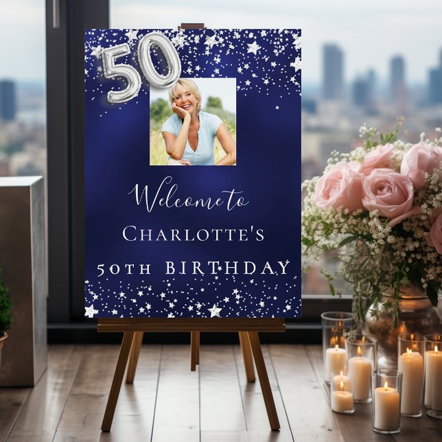 50th birthday navy blue silver stars photo welcome foam board (Creator Uploaded)
