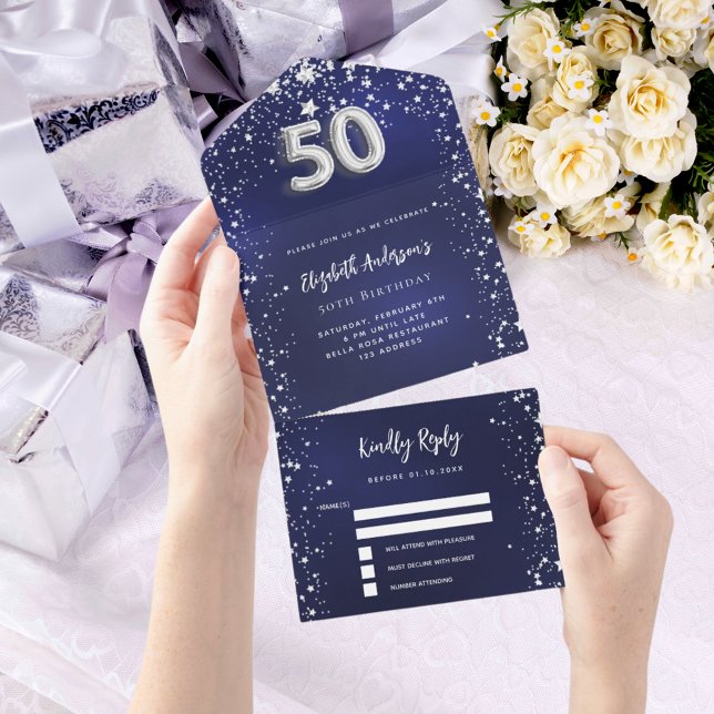 50th Birthday navy blue silver stars rsvp All In One Invitation (Creator Uploaded)