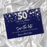 50th birthday navy blue silver stars save the date announcement postcard<br><div class="desc">A girly and trendy Save the Date card for a 50th birthday party. A navy blue colored background. Decorated with faux silver stars. The text: Save the Date is written with a large trendy hand lettered style script. Number 50 is written with a balloon style font.</div>