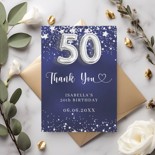 50th birthday navy blue silver stars thank you card (Creator Uploaded)