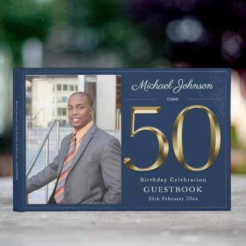 50th Birthday Navy Blue Solid Gold Custom Photo  Guest Book