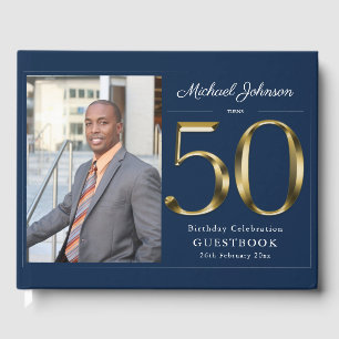 50th Birthday Navy Blue Solid Gold Custom Photo Guest Book