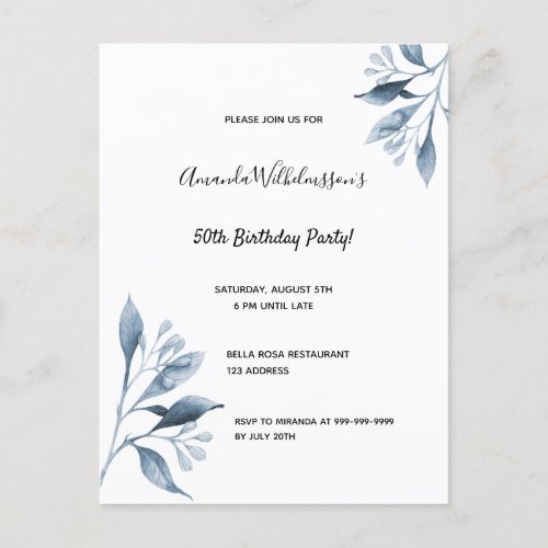 50th birthday navy blue white botanical invitation postcard
