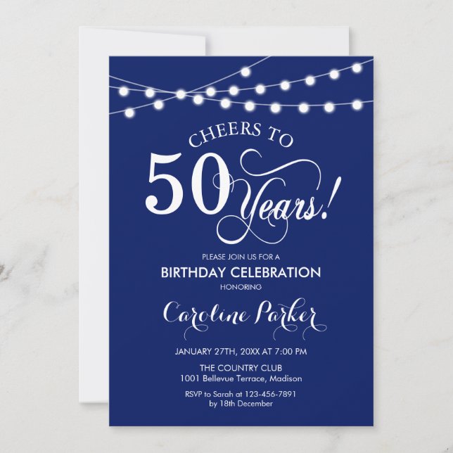 50th Birthday - Navy Blue White Invitation (Front)