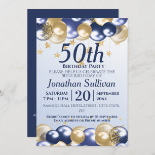 50th Birthday Navy Gold Balloons Party Invitation