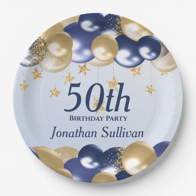 50th Birthday Navy Gold Balloons Party Paper Plates (Front)