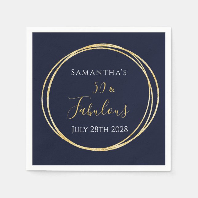 50th Birthday Navy Gold Birthday Party Napkins (Front)