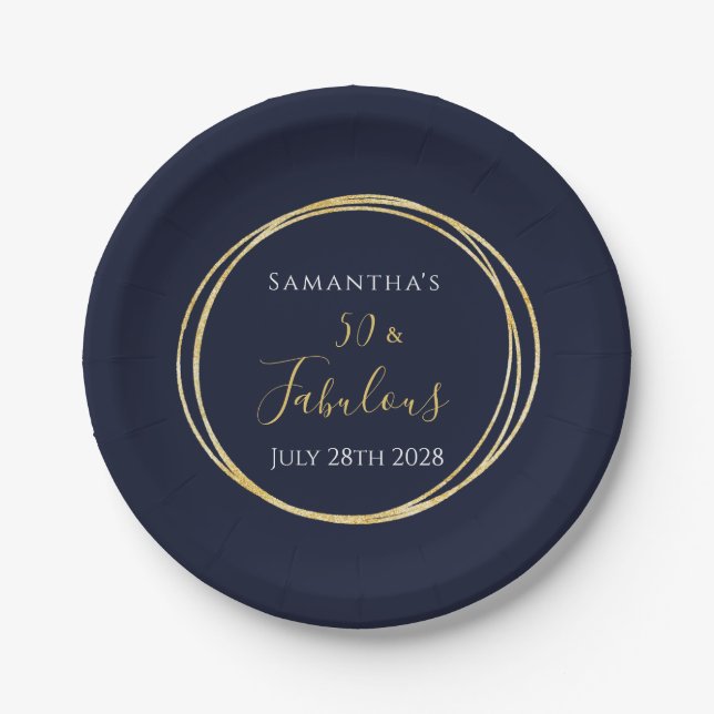 50th Birthday Navy Gold Birthday Party Paper Plates (Front)