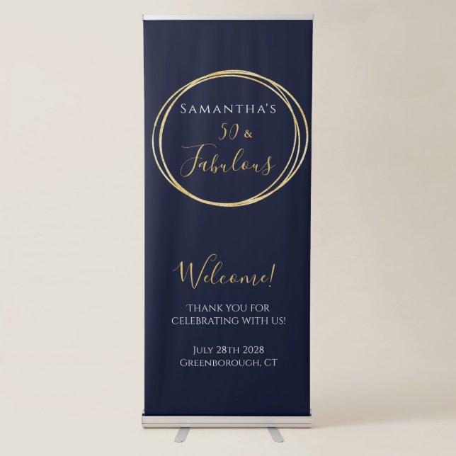 50th Birthday Navy Gold Birthday Party Retractable Banner (Front)