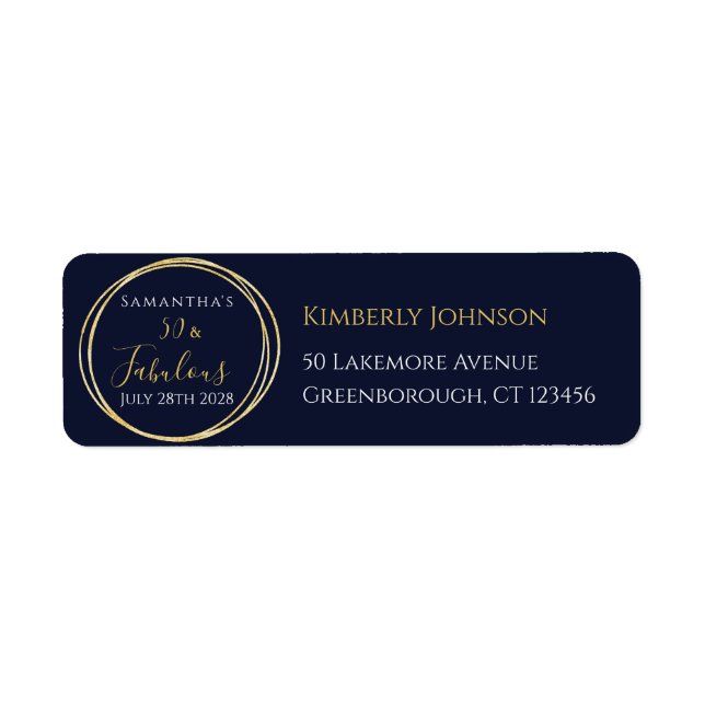 50th Birthday Navy Gold Birthday Return Address Label (Front)