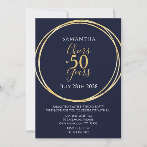 50th Birthday Navy Gold Cheers to 50 Years Party Invitation