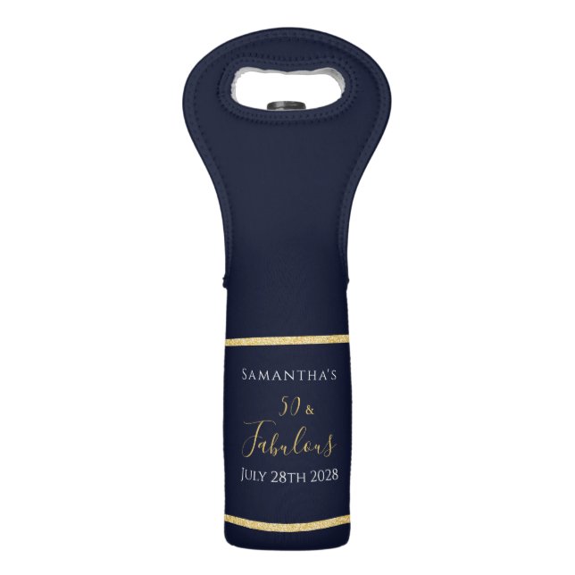 50th Birthday Navy Gold Elegant Wine Bag (Front)