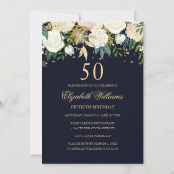50th Birthday Navy Gold Floral Invitation by LittleBayleigh at Zazzle