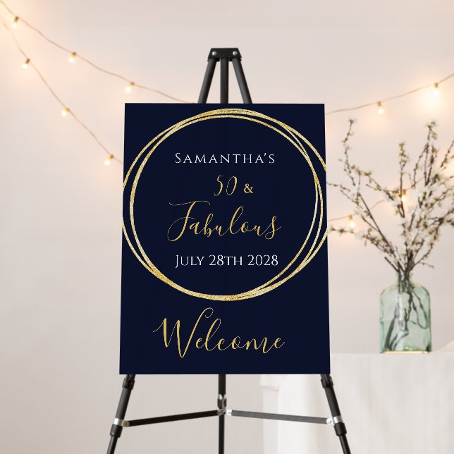 50th Birthday Navy Gold Party Welcome sign (In Situ (Stand))
