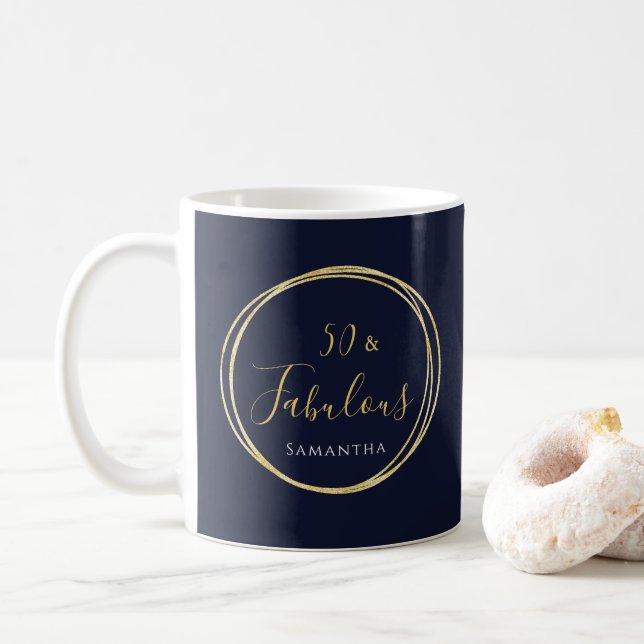 50th Birthday Navy Gold Personalized Coffee Mug (With Donut)