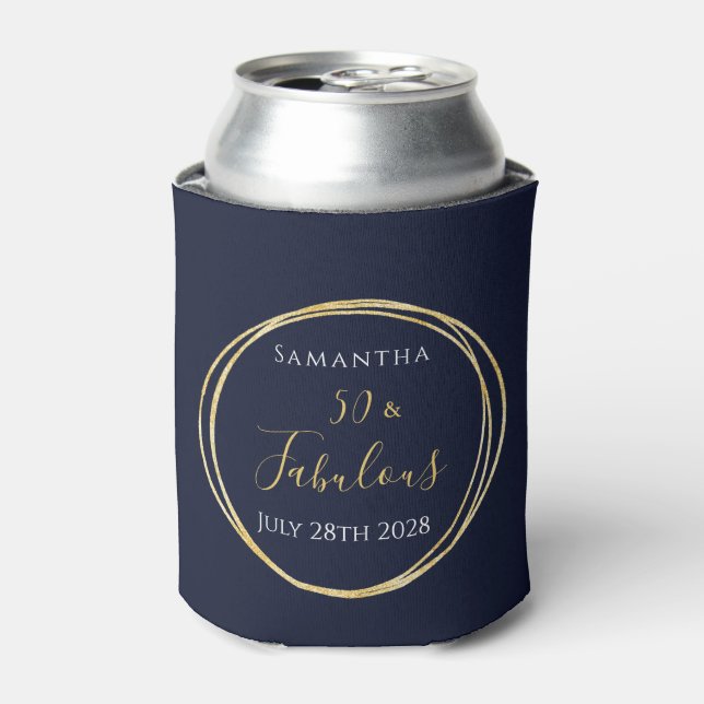 50th Birthday Navy Gold Personalized Party Favor Can Cooler (Can Front)