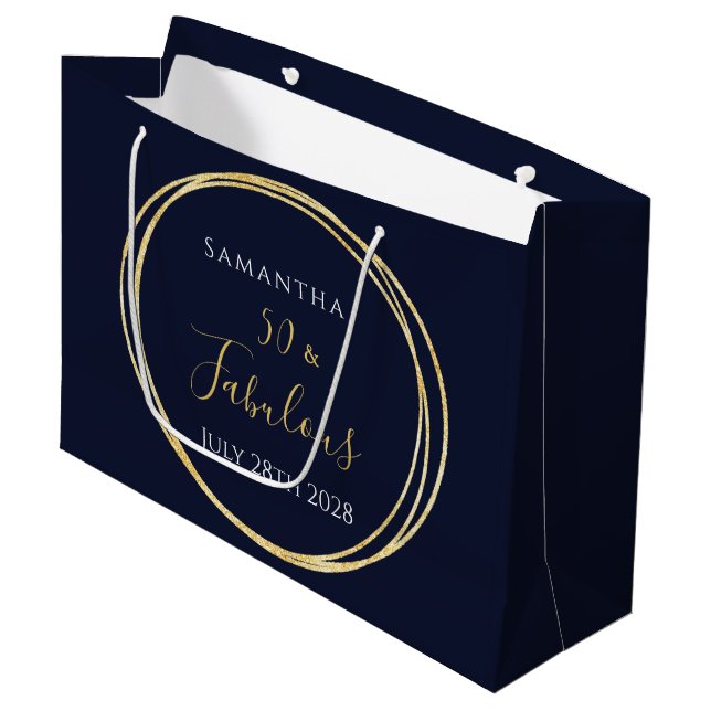 50th Birthday Navy Gold Personalized Party Favor Large Gift Bag (Front Angled)