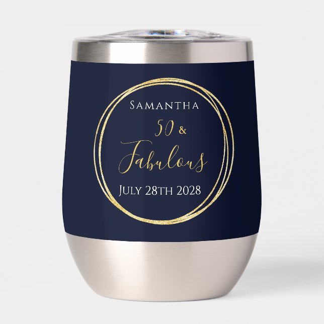 50th Birthday Navy Gold Personalized Party Favor Thermal Wine Tumbler (Front)