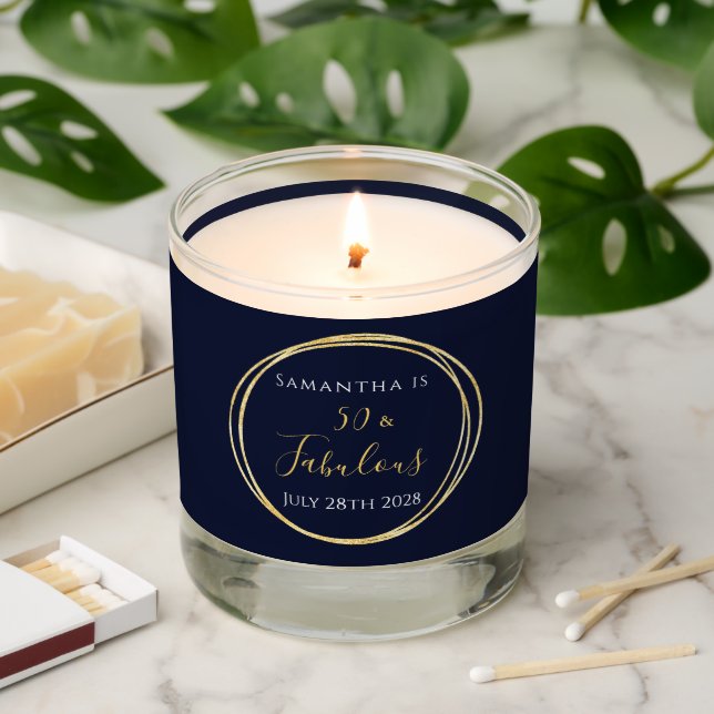 50th Birthday Navy Gold Personalized Scented Candle (Lit)