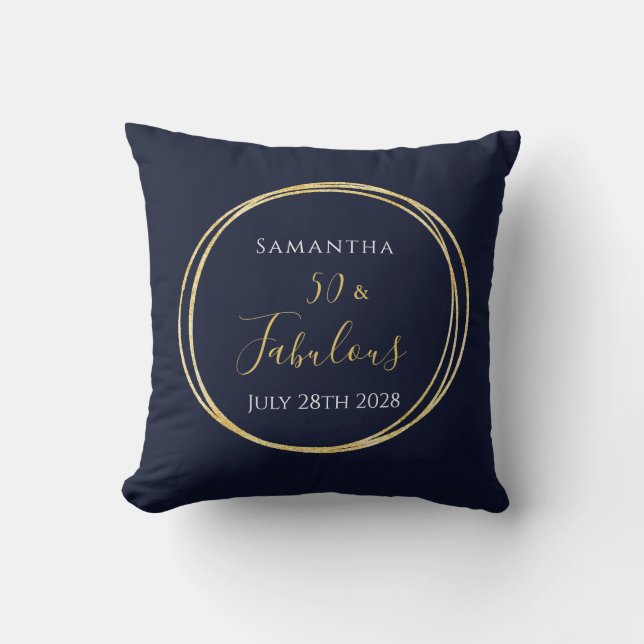 50th Birthday Navy Gold Personalized Throw Pillow (Front)