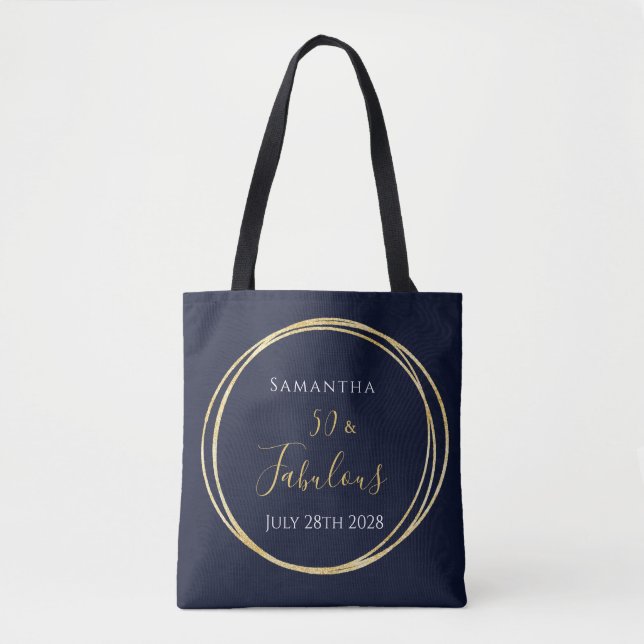50th Birthday Navy Gold Personalized Tote Bag (Front)