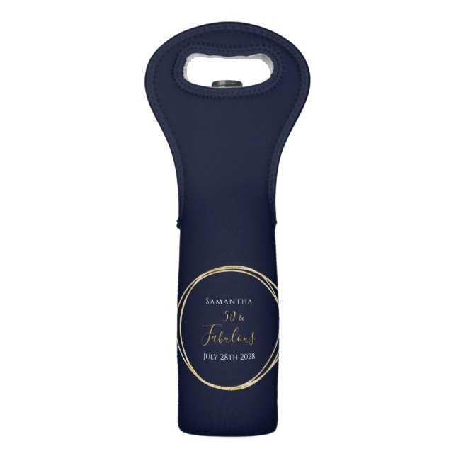 50th Birthday Navy Gold Personalized Wine Bag (Front)
